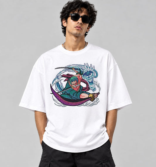 Samurai Dragon Embroidered Oversized T-Shirt – Black