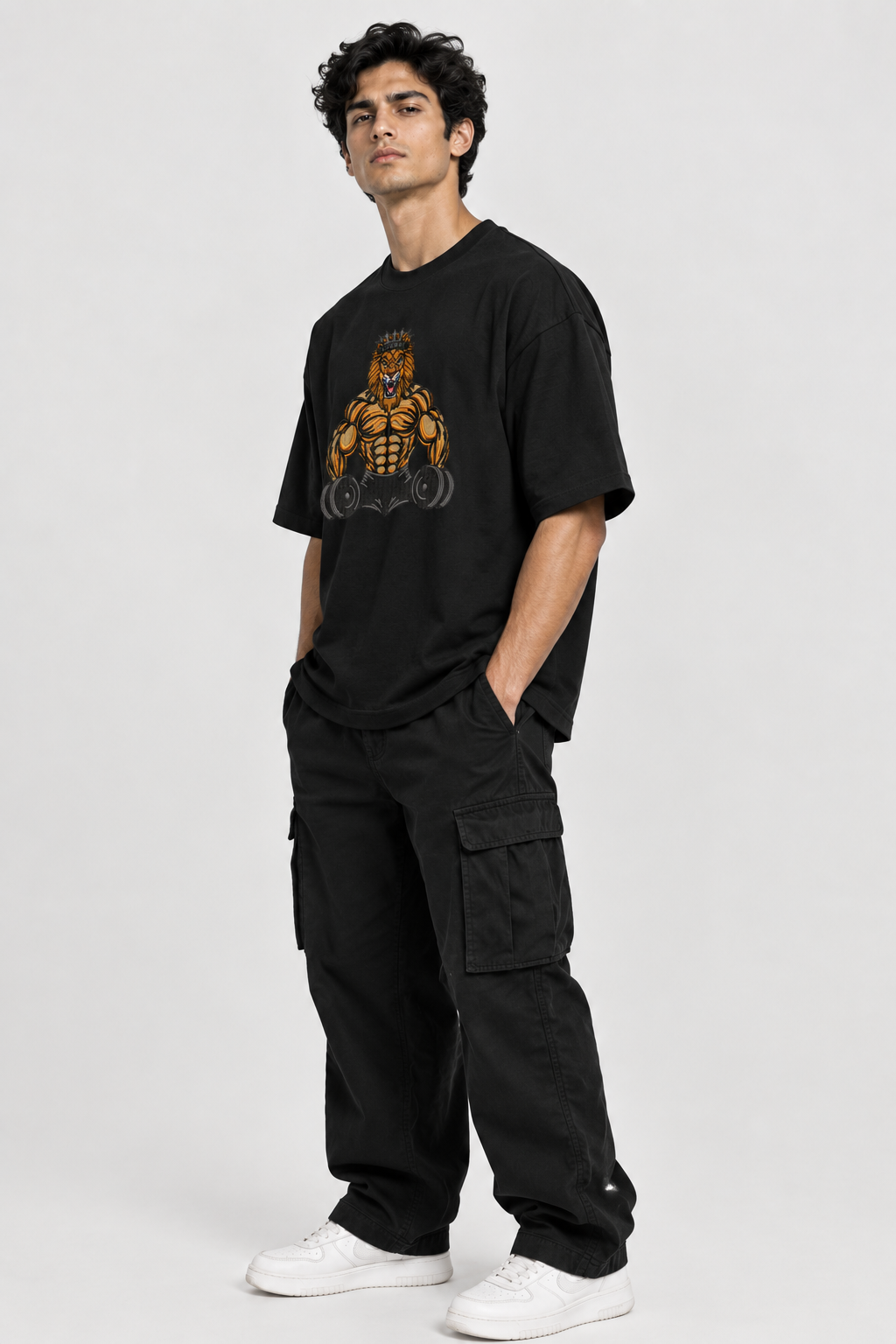Men’s Premium Gym Lion Embroidered Oversized T-Shirt | Heavy Embroidery Muscle Design