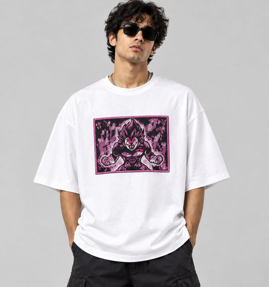 Vegeta Rage Oversized T-Shirt for Men | Anime-Inspired Pink & Black Graphic Embroidery | Premium Streetwear