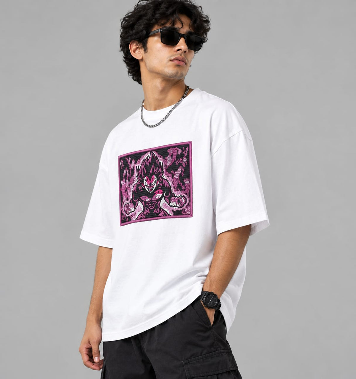Vegeta Rage Oversized T-Shirt for Men | Anime-Inspired Pink & Black Graphic Embroidery | Premium Streetwear