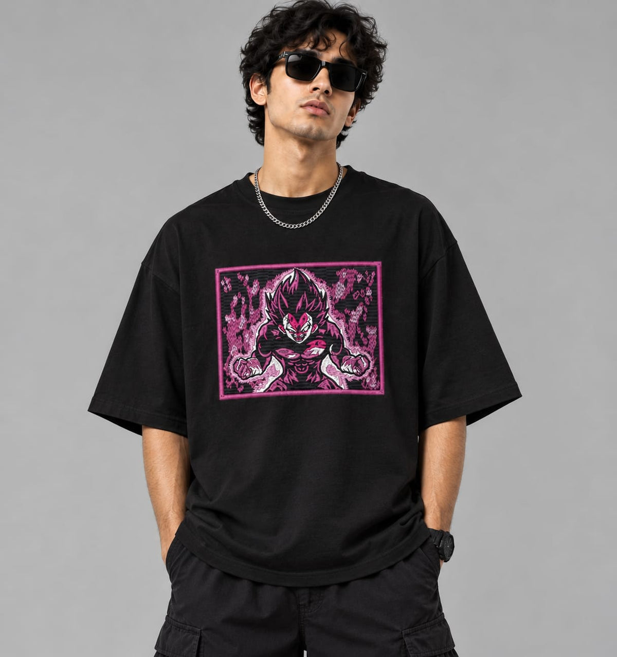 Vegeta Rage Oversized T-Shirt for Men | Anime-Inspired Pink & Black Graphic Embroidery | Premium Streetwear