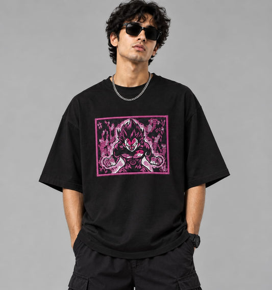 Vegeta Rage Oversized T-Shirt for Men | Anime-Inspired Pink & Black Graphic Embroidery | Premium Streetwear