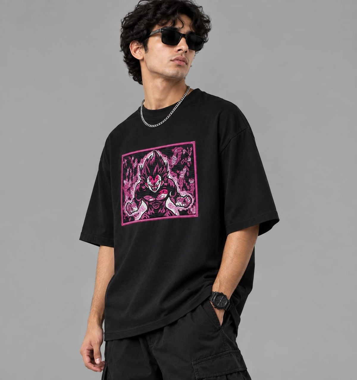Vegeta Rage Oversized T-Shirt for Men | Anime-Inspired Pink & Black Graphic Embroidery | Premium Streetwear
