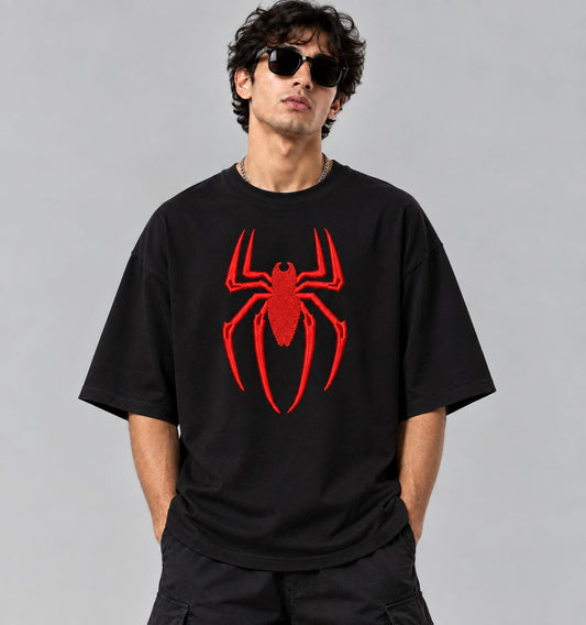 Red Spider Embroidered Oversized T-Shirt – Black