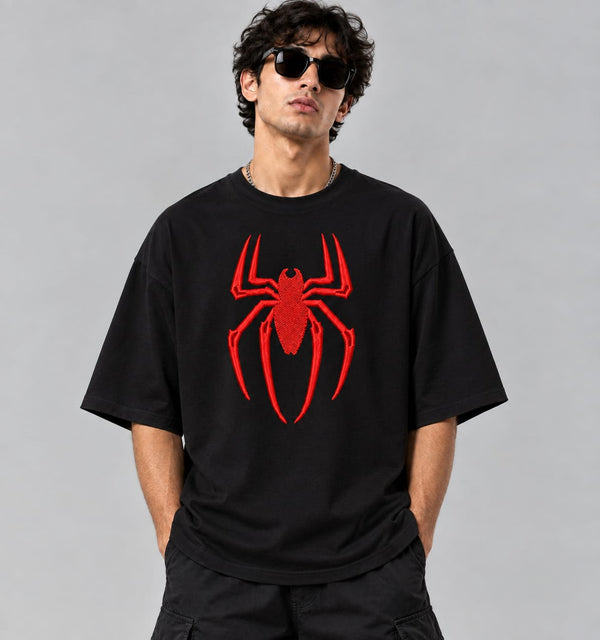 Red Spider Embroidered Oversized T-Shirt – Black