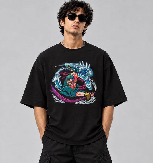 Samurai Dragon Embroidered Oversized T-Shirt – Black