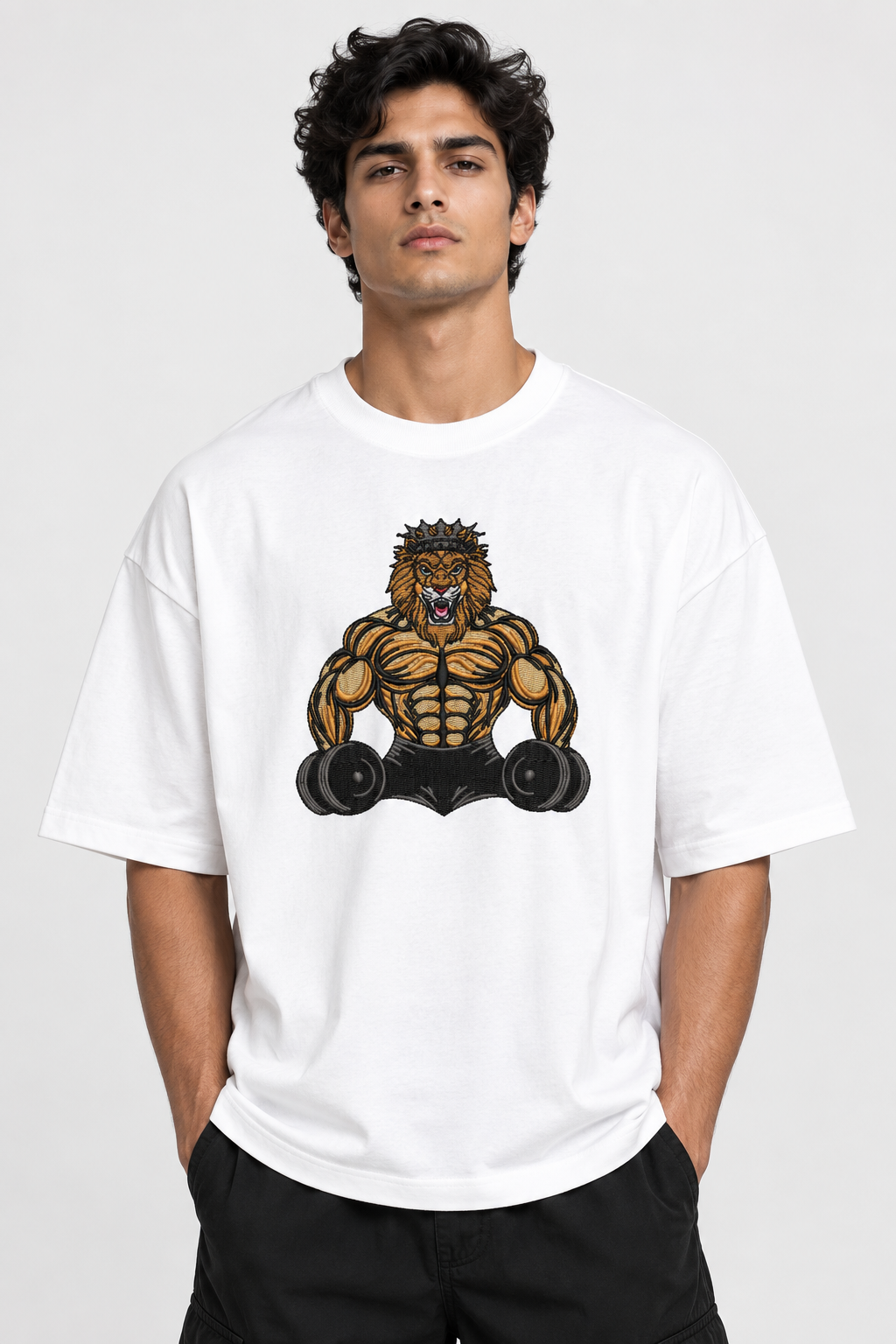 Men’s Premium Gym Lion Embroidered Oversized T-Shirt | Heavy Embroidery Muscle Design
