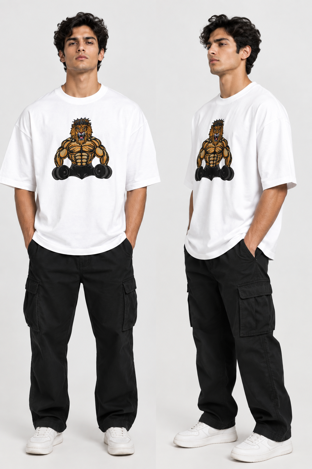 Men’s Premium Gym Lion Embroidered Oversized T-Shirt | Heavy Embroidery Muscle Design