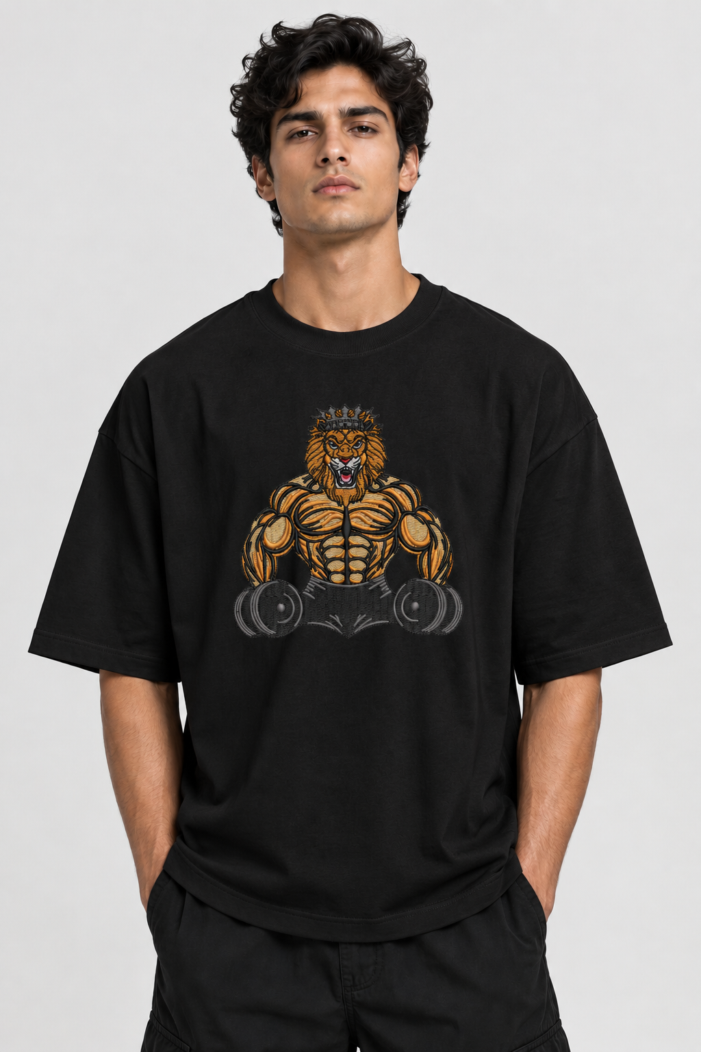 Men’s Premium Gym Lion Embroidered Oversized T-Shirt | Heavy Embroidery Muscle Design