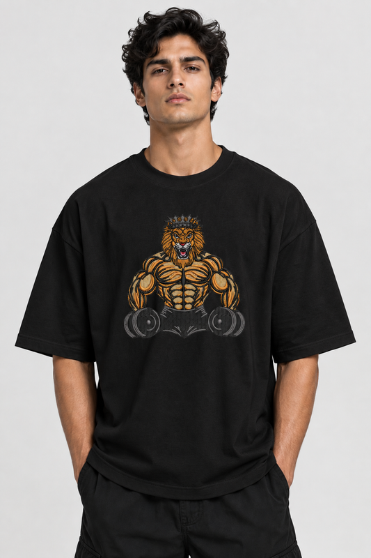 Men’s Premium Gym Lion Embroidered Oversized T-Shirt | Heavy Embroidery Muscle Design